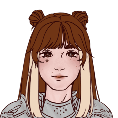 Avatar of a woman with brown hair, styled in spacebuns and blonde streaks where men would have sideburns. Wearing metal armour.