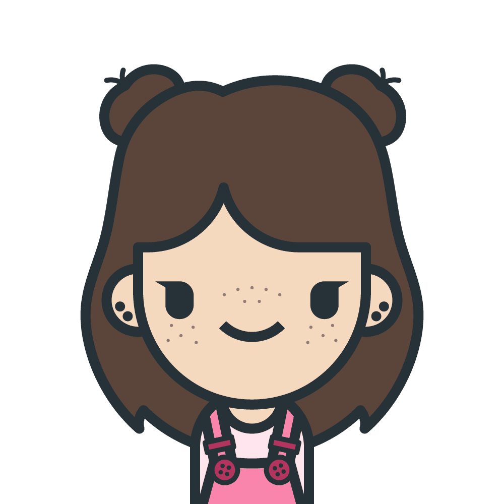 Avatar of a woman with brown hair, styled in spacebuns. Wearing pink dungarees and a pink top. In a simple line illustration style