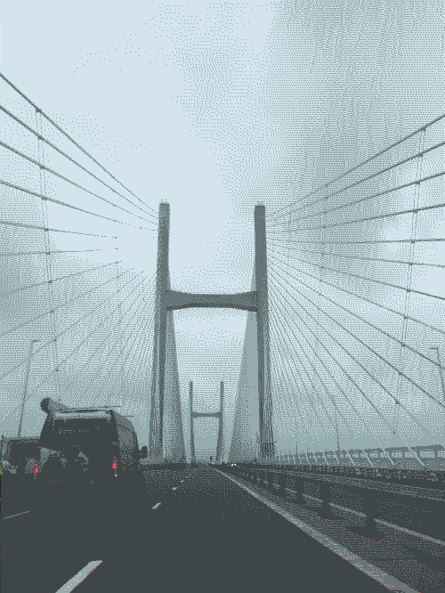 The steel arches and cables of Severn bridge crossing between England and Wales.